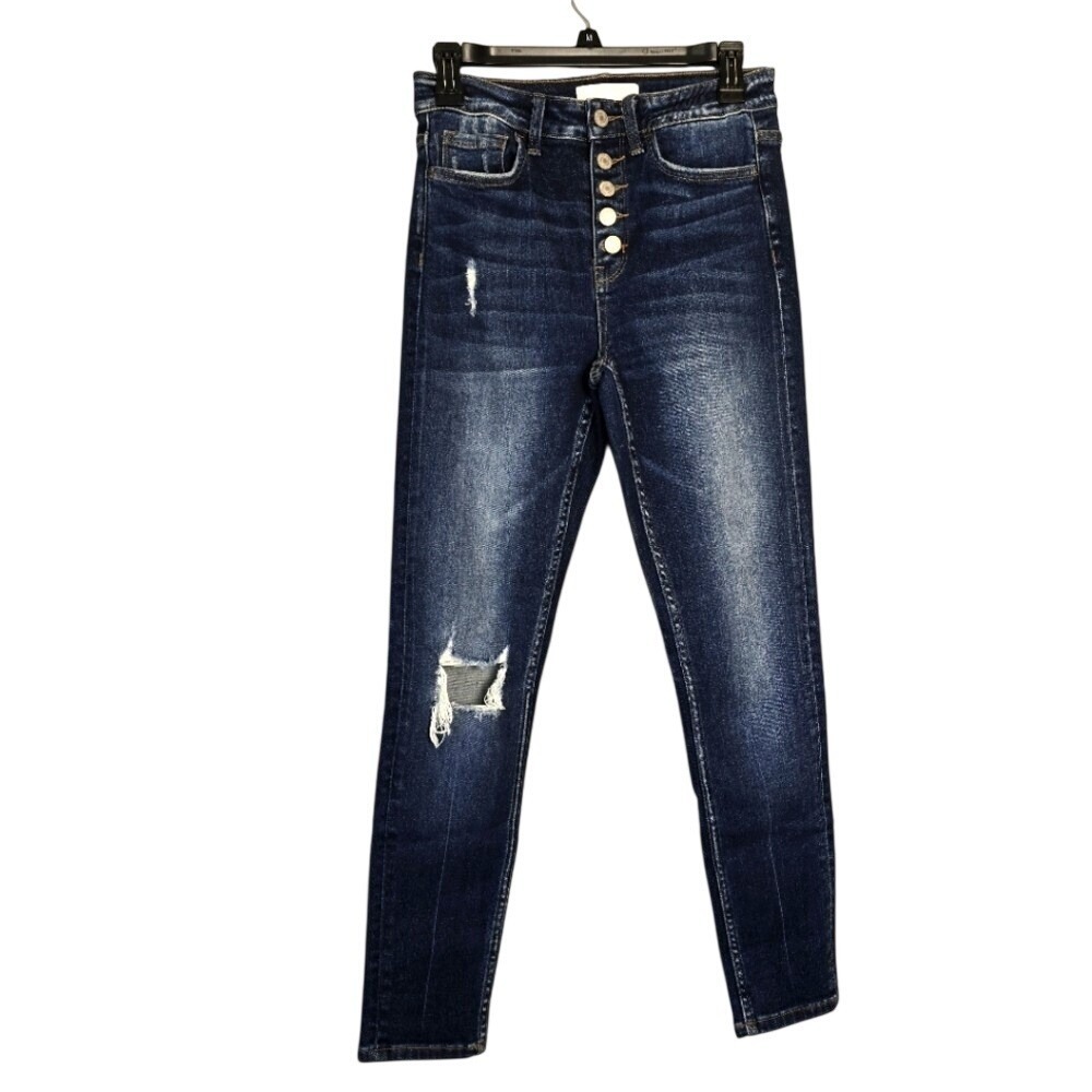 Vervet Blue Womens High Rise Button Fly Distressed Skinny Jeans Dark Wash VT918D